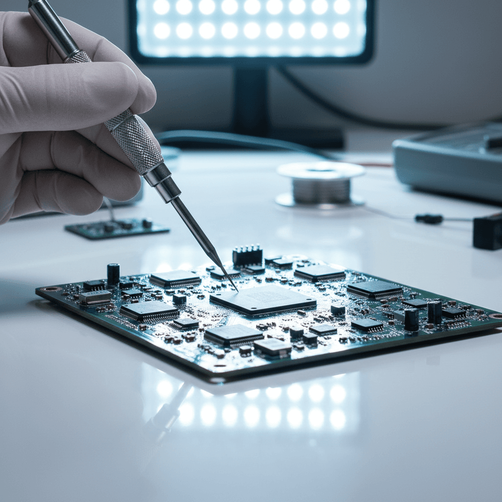 Technician examining a circuit board