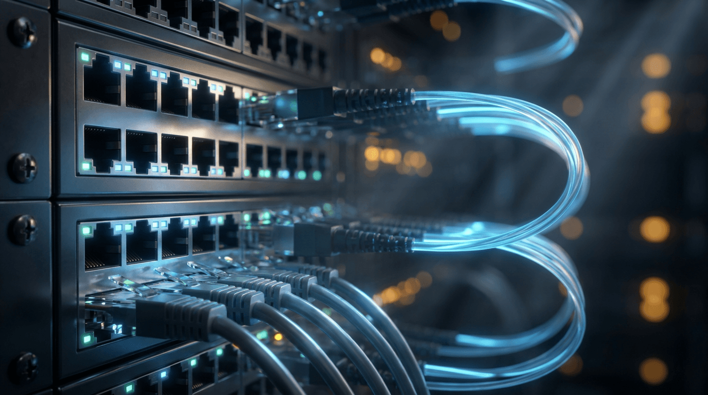 Close-up of server rack with fiber optic cables