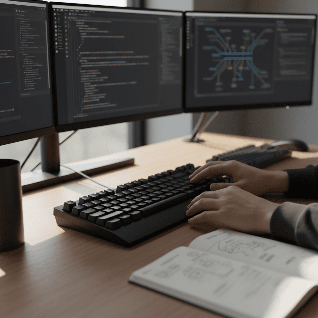 Lead architect reviewing system schematic on monitor