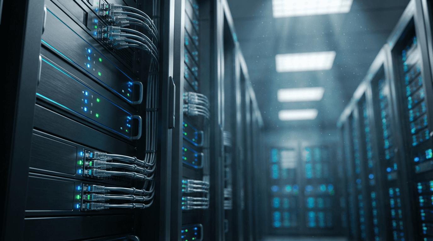 Server rack in a dimly lit data center with a figure in the background